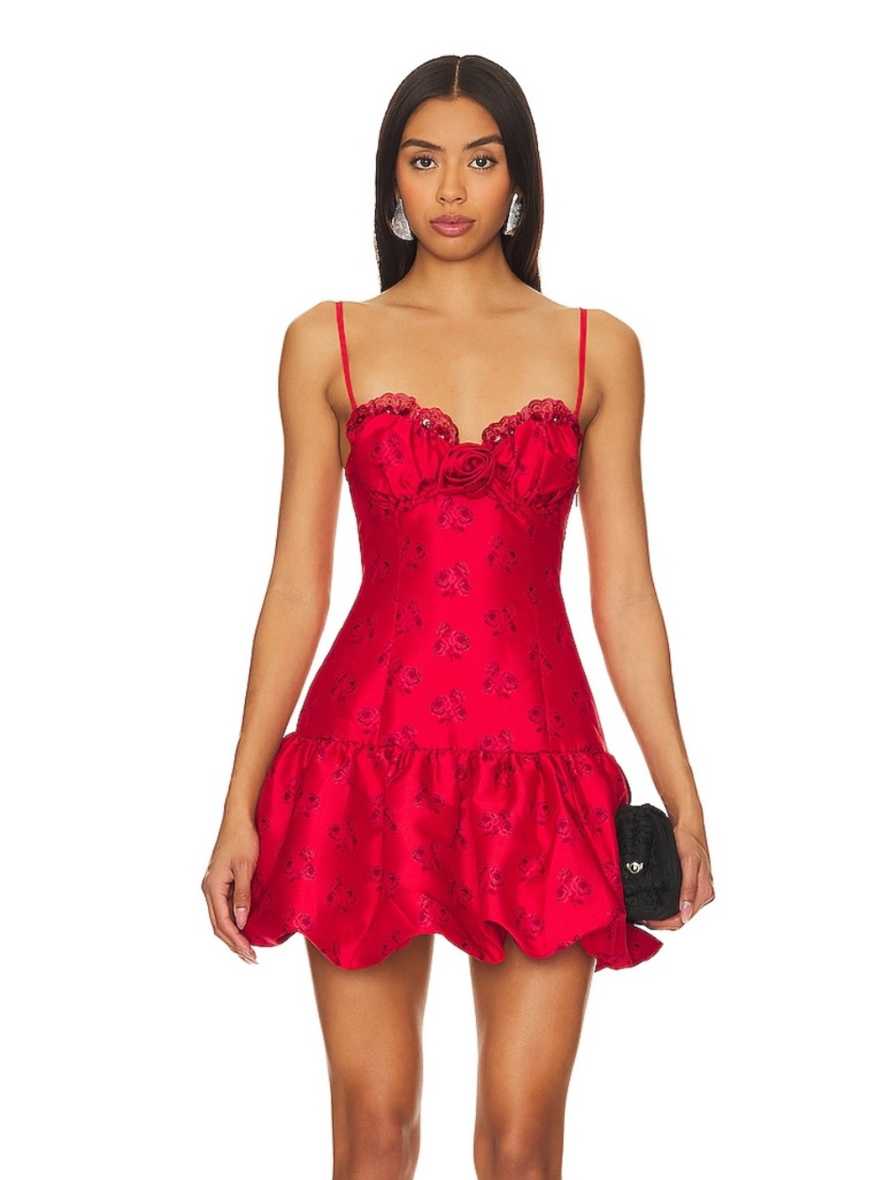 For Love And Lemons Annika Red Floral Jacquard Spaghetti-Strap Mini Dress NWT